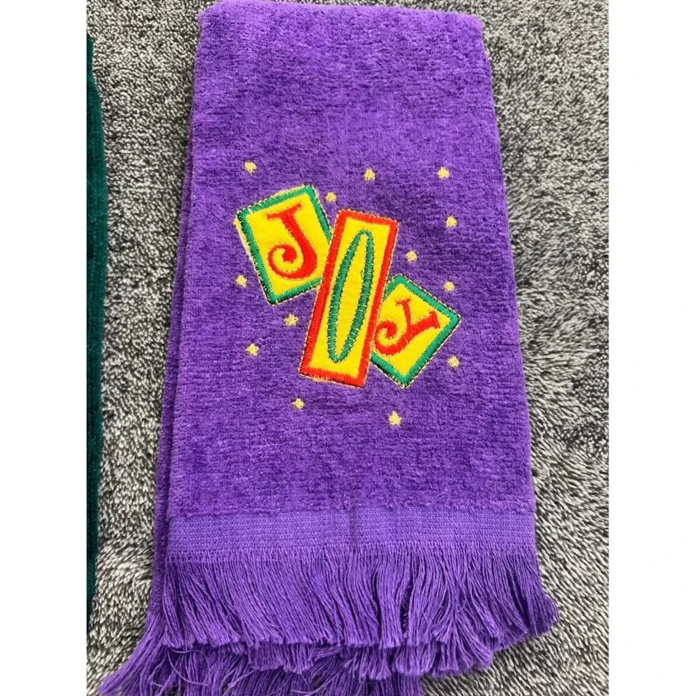 Vintage Holiday Hand Towel Set Joyeux Noel Green & Joy Purple Fringed Terry